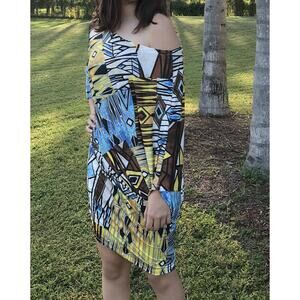 MT Collection Womens Dress Sz XL Off Shoulder Cover Up Brown Blue Black Gold NEW